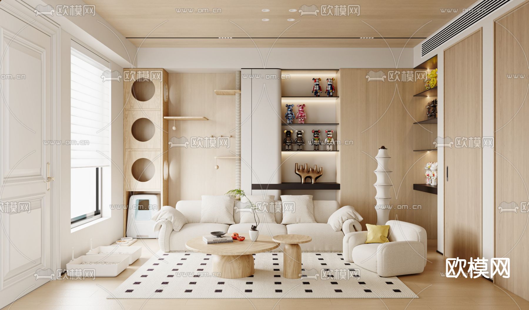 奶油风客厅su模型下载（渲染图1）