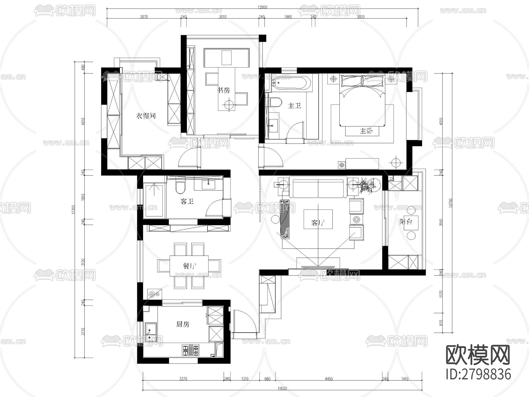 家装平层cad施工图下载（渲染图2）
