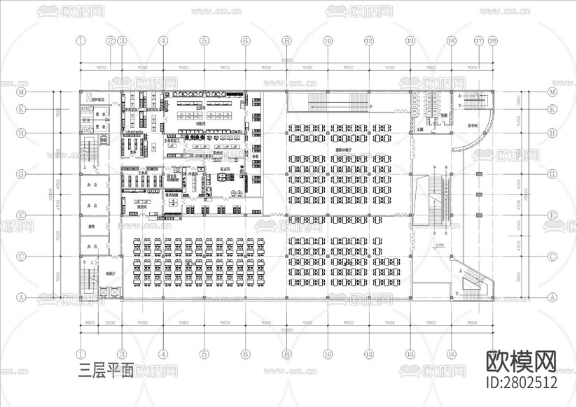 大學(xué)食堂平立剖+廚房流程圖CAD施工圖下載(渲染圖3)