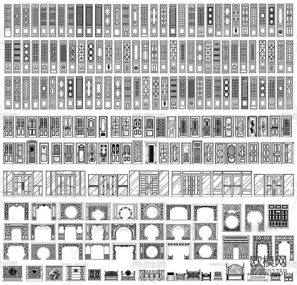 中式图库雕花隔断门窗屏CAD施工图下载（渲染图4）