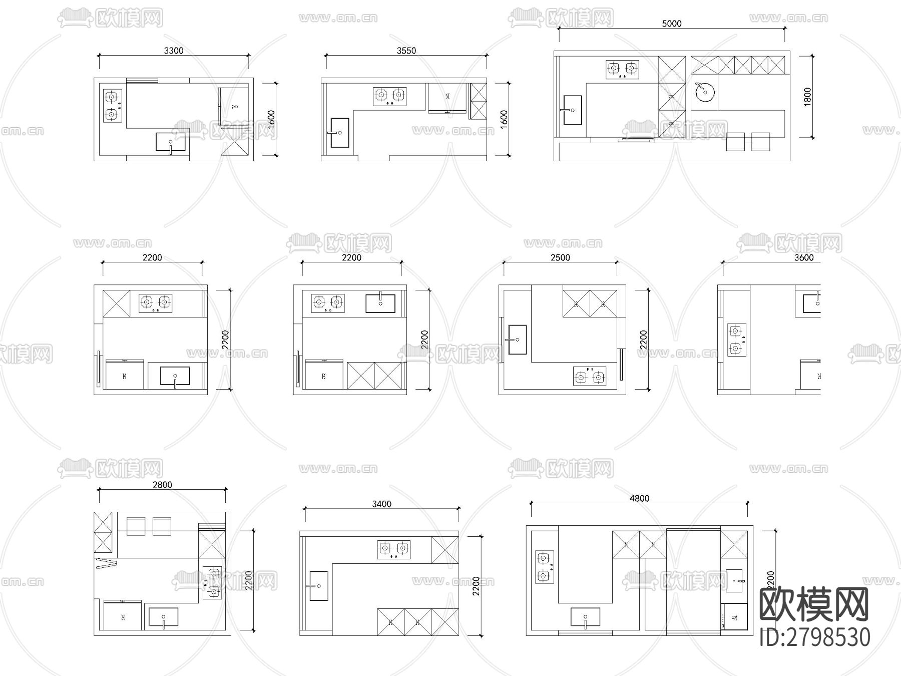 精品100套厨房布局模块cad图库下载（渲染图4）