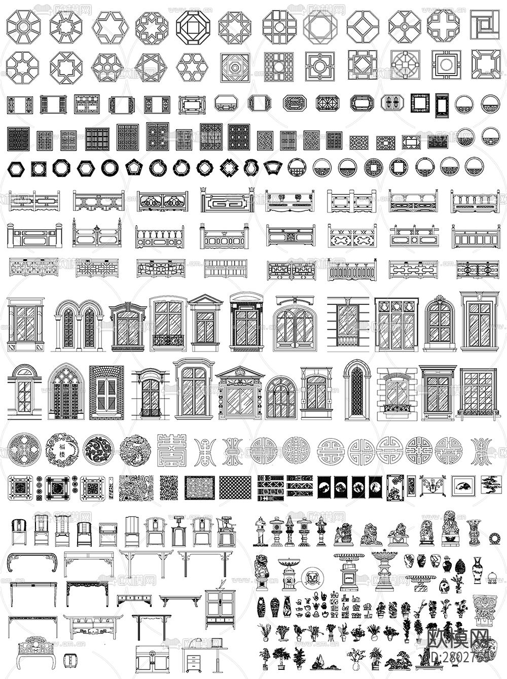中式图库雕花隔断门窗屏CAD施工图下载（渲染图5）