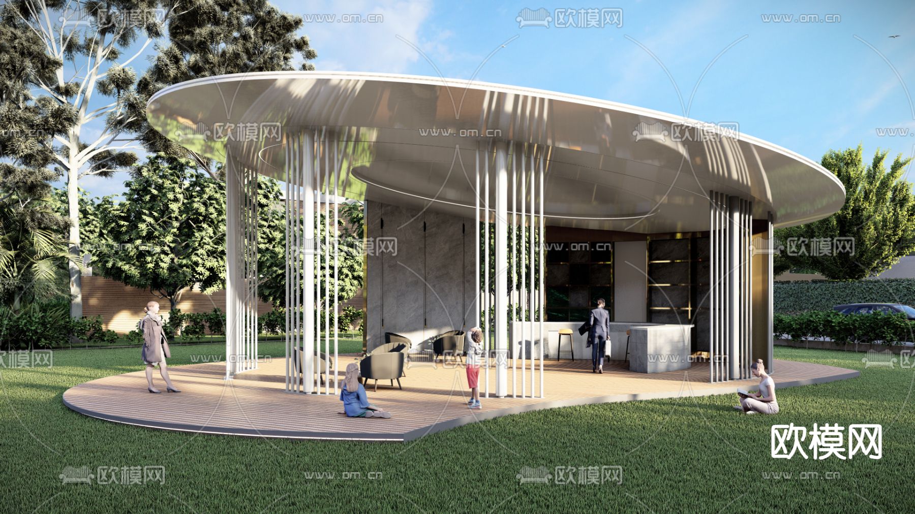 现代小区中轴廊架su模型下载（渲染图1）