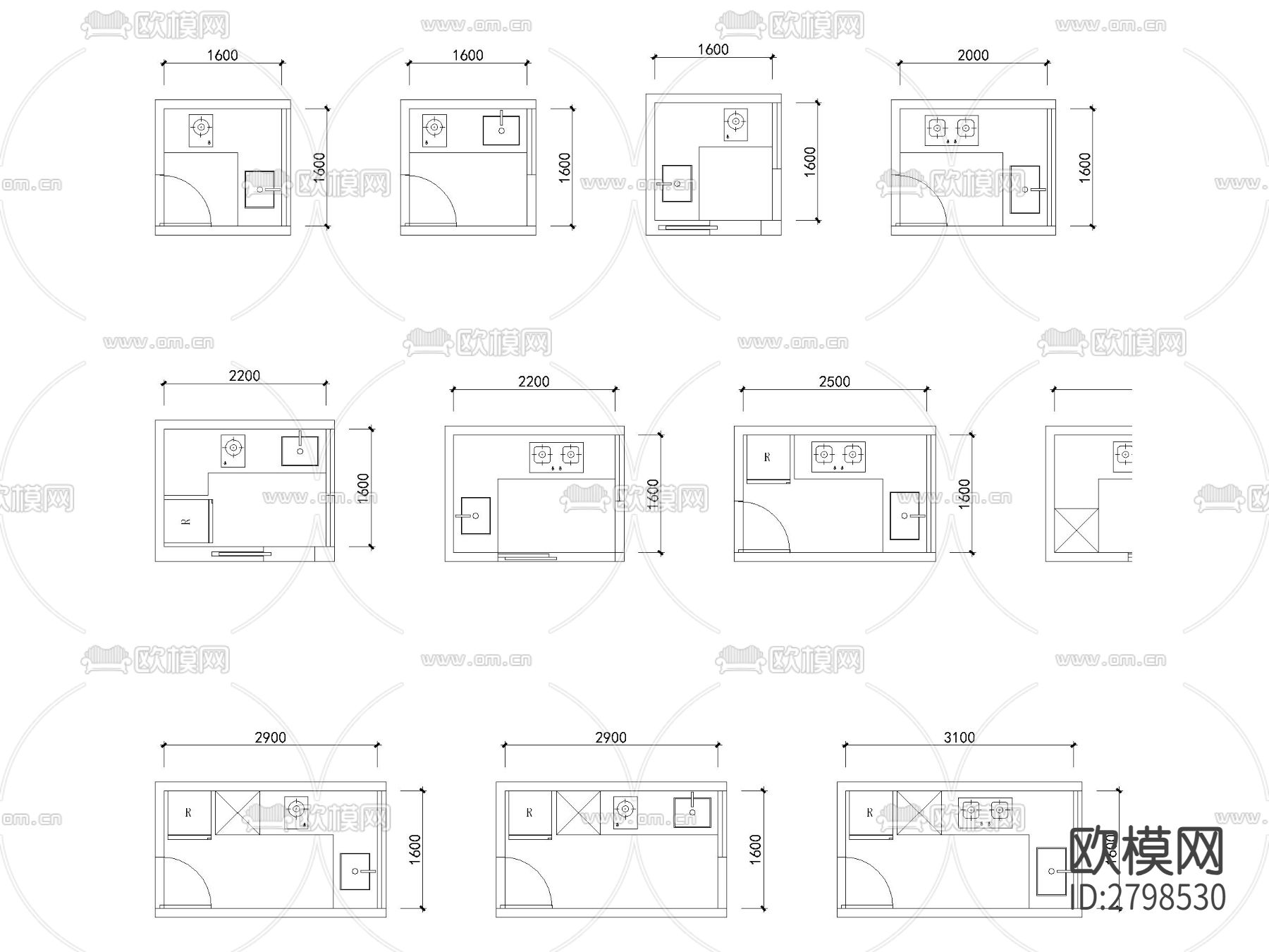 精品100套厨房布局模块cad图库下载（渲染图5）