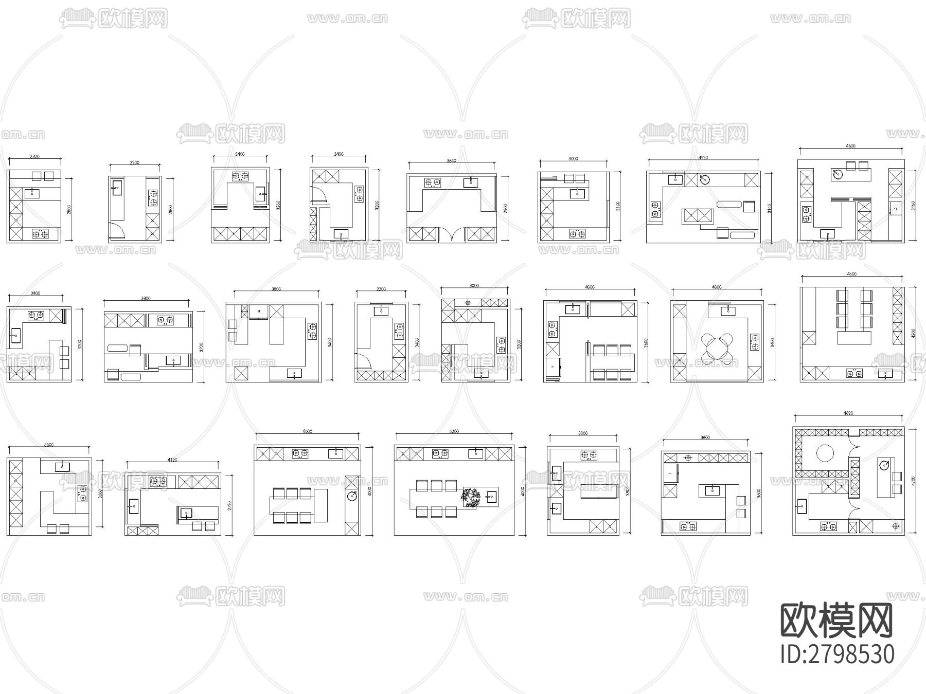 精品100套厨房布局模块cad图库下载（渲染图6）