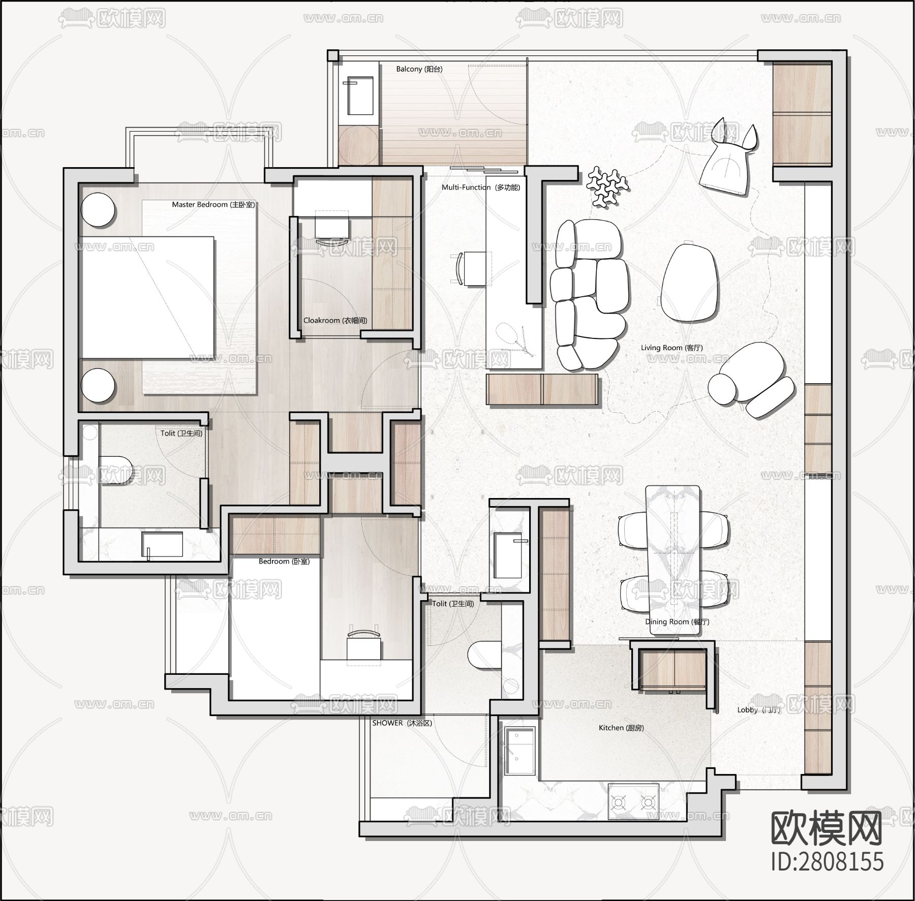 大平层CAD施工图下载（渲染图1）