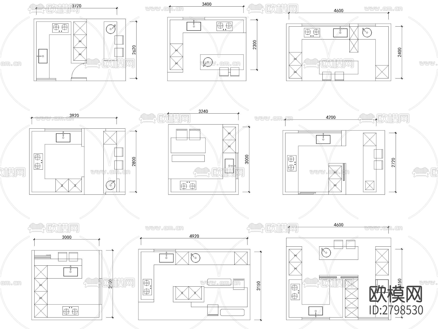 精品100套厨房布局模块cad图库下载（渲染图7）