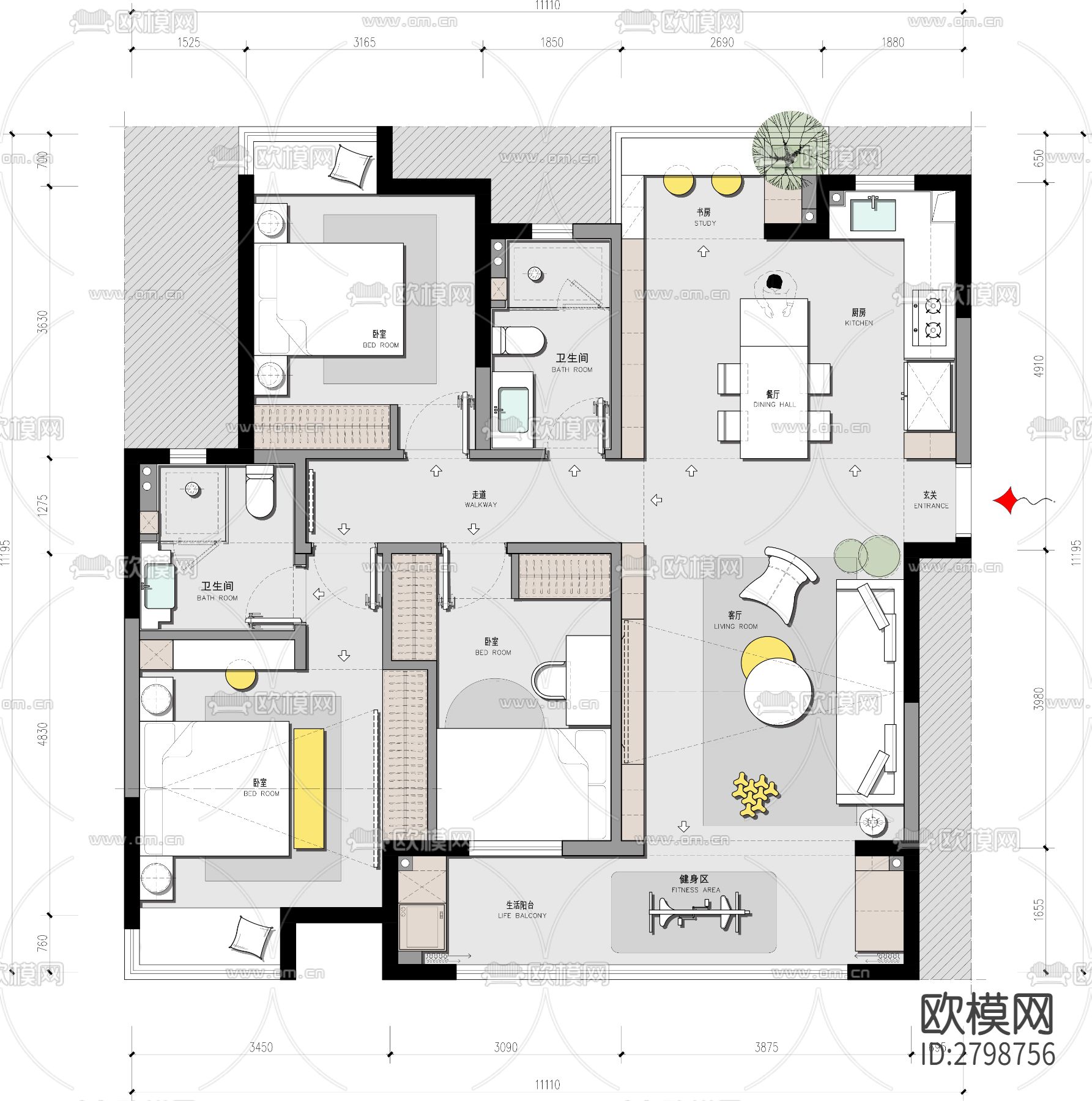 家装平层cad施工图下载（渲染图3）