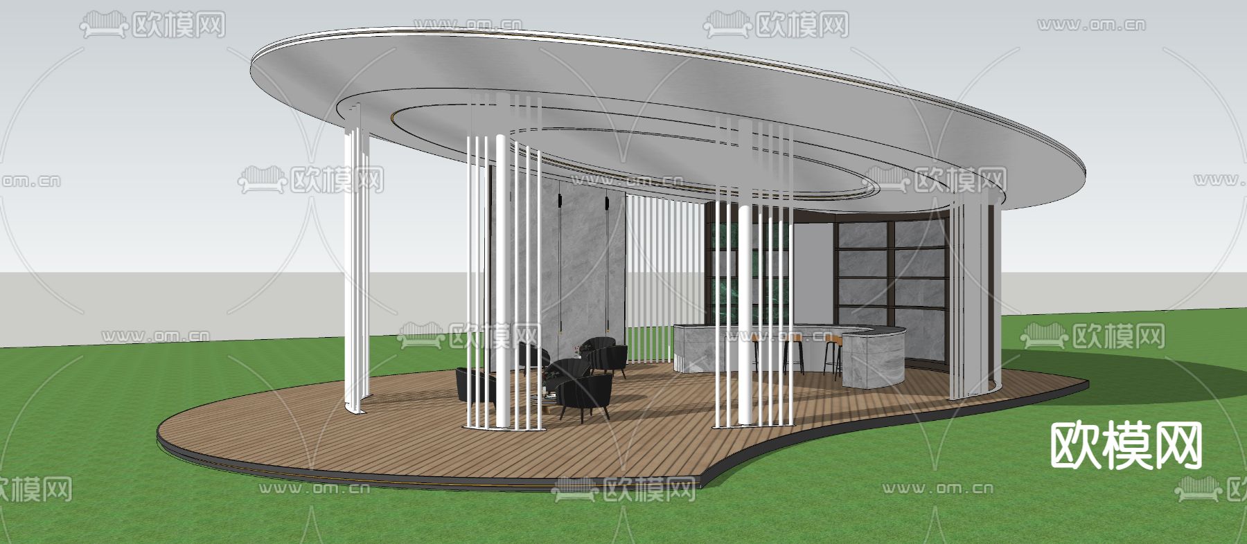 现代小区中轴廊架su模型下载（渲染图2）