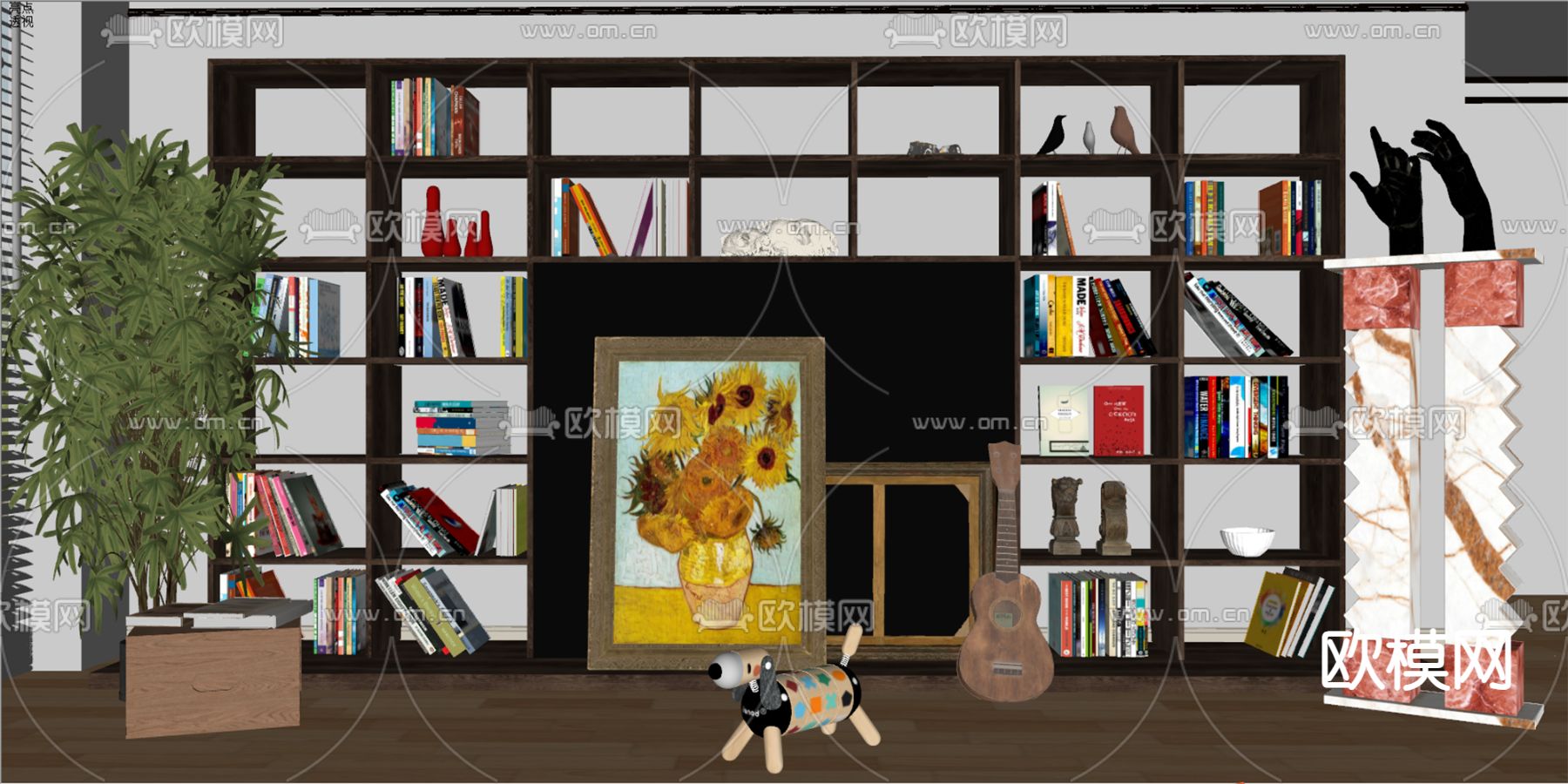 中古风书架 置物架su模型下载（渲染图2）