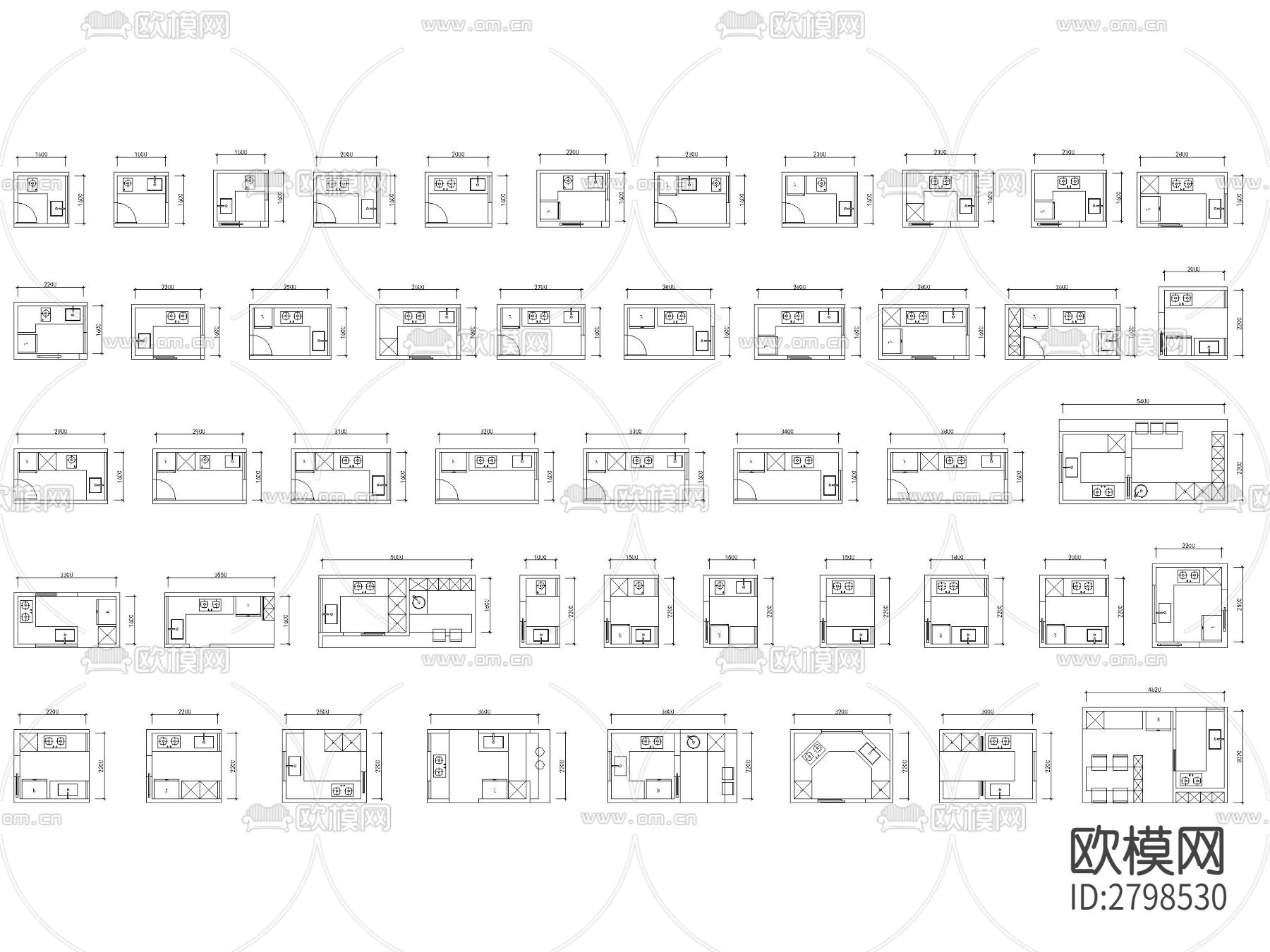精品100套厨房布局模块cad图库下载（渲染图2）