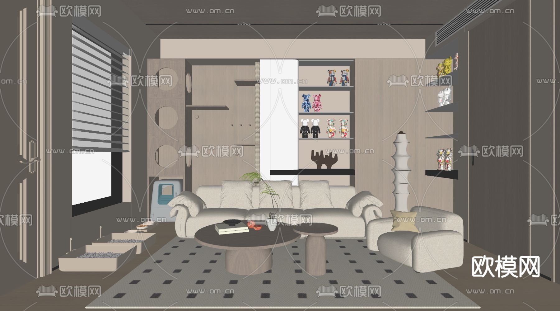 奶油风客厅su模型下载（渲染图2）