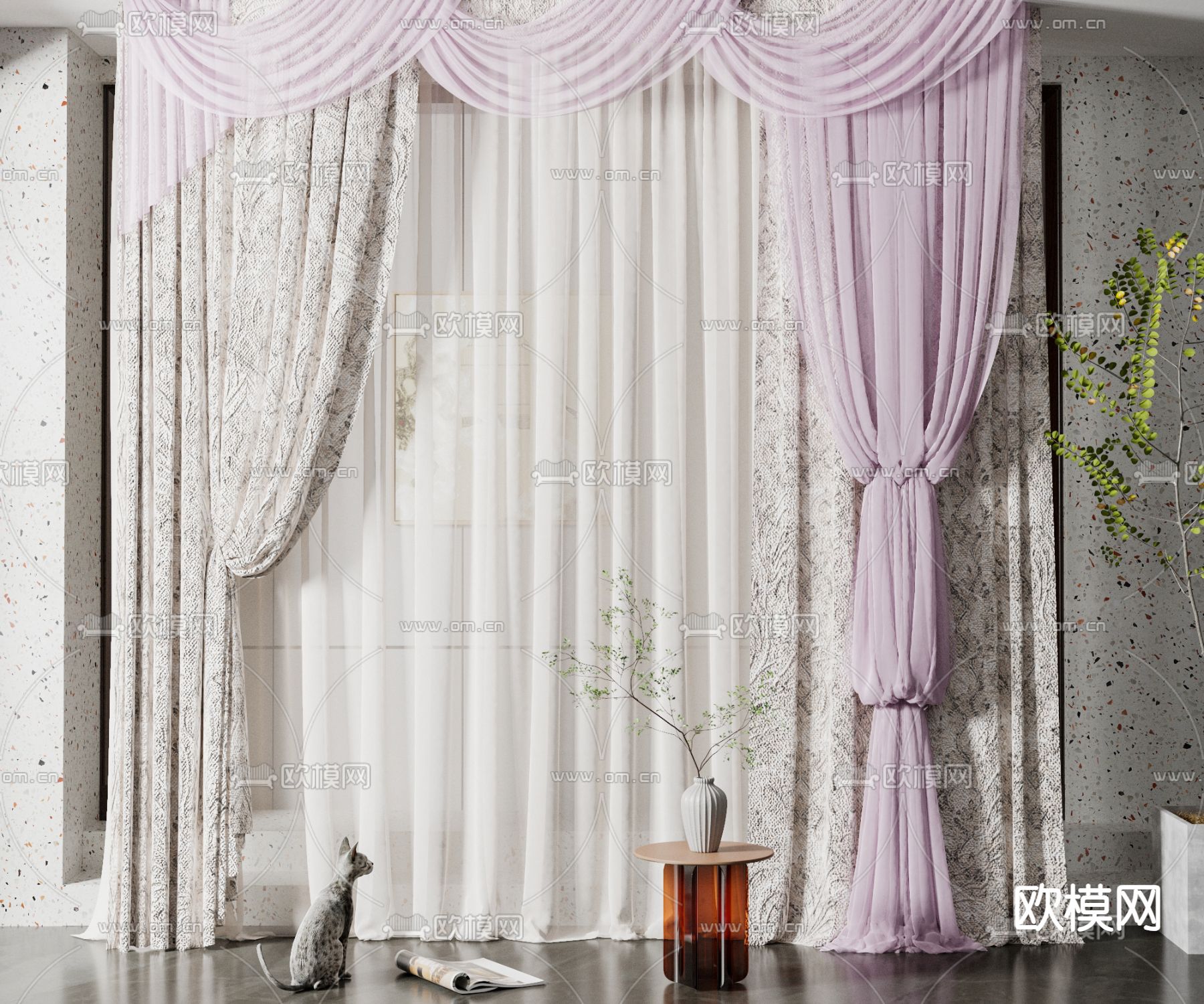简欧窗帘su模型下载（渲染图1）