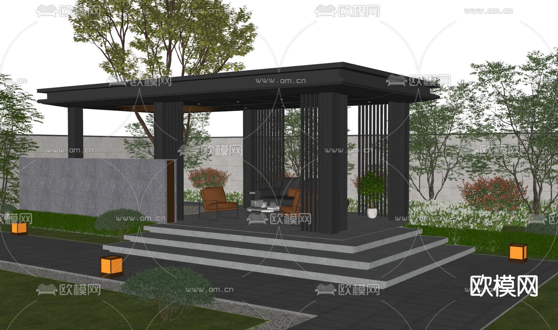 新中式庭院景观su模型下载（渲染图2）