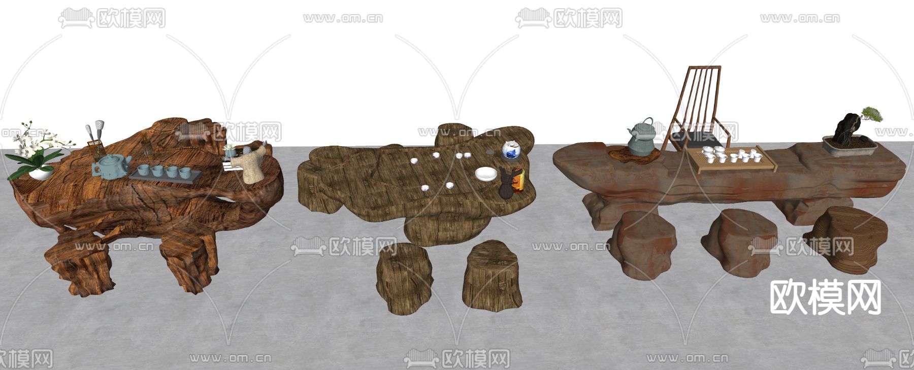 中式根雕茶台 桌椅su模型下载（渲染图2）