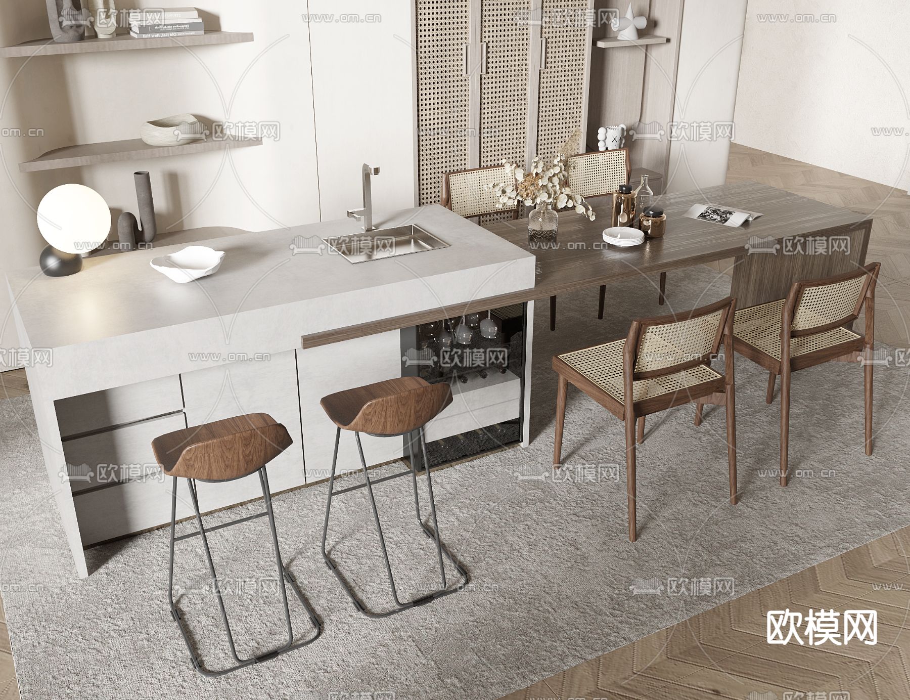 岛台餐桌椅3d模型下载