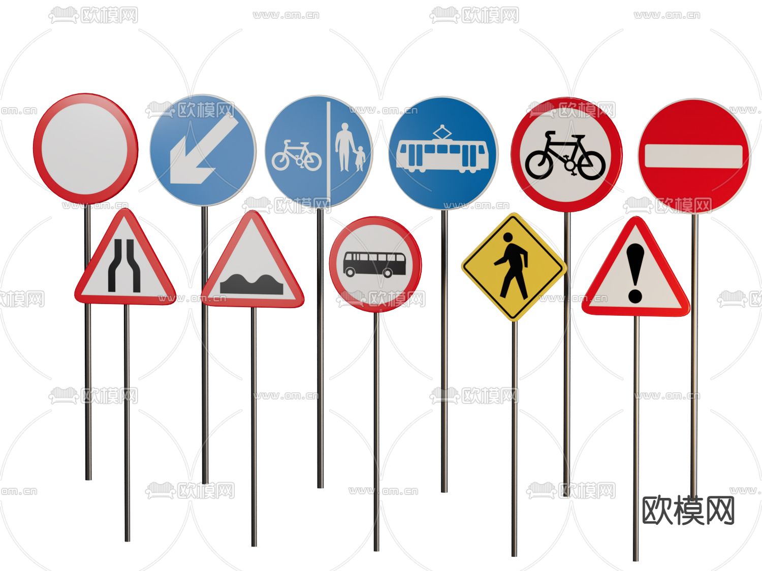 道路警示牌 路标 安全警告 标识牌3d模型下载