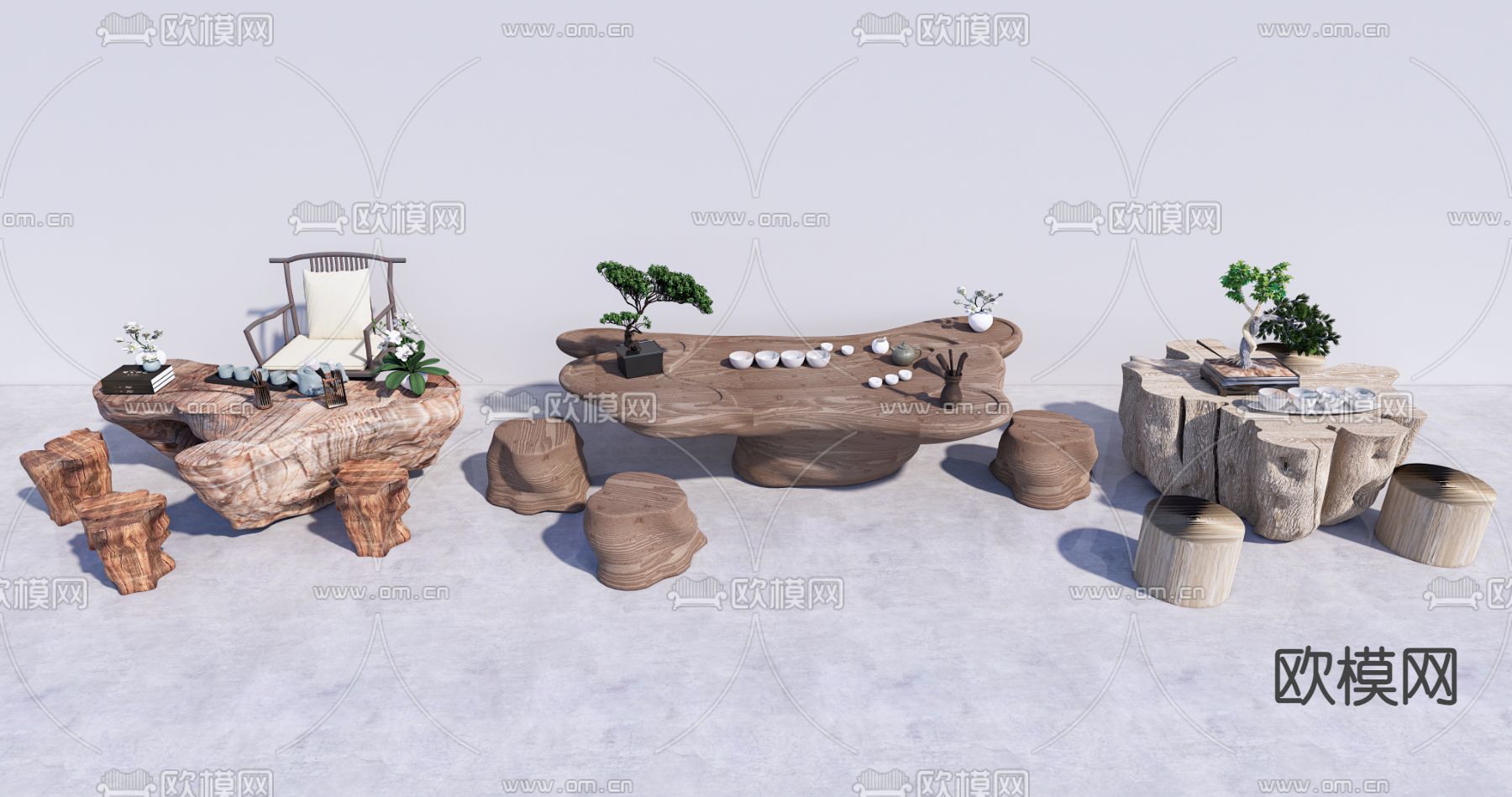 中式根雕茶海 茶台su模型下载（渲染图1）