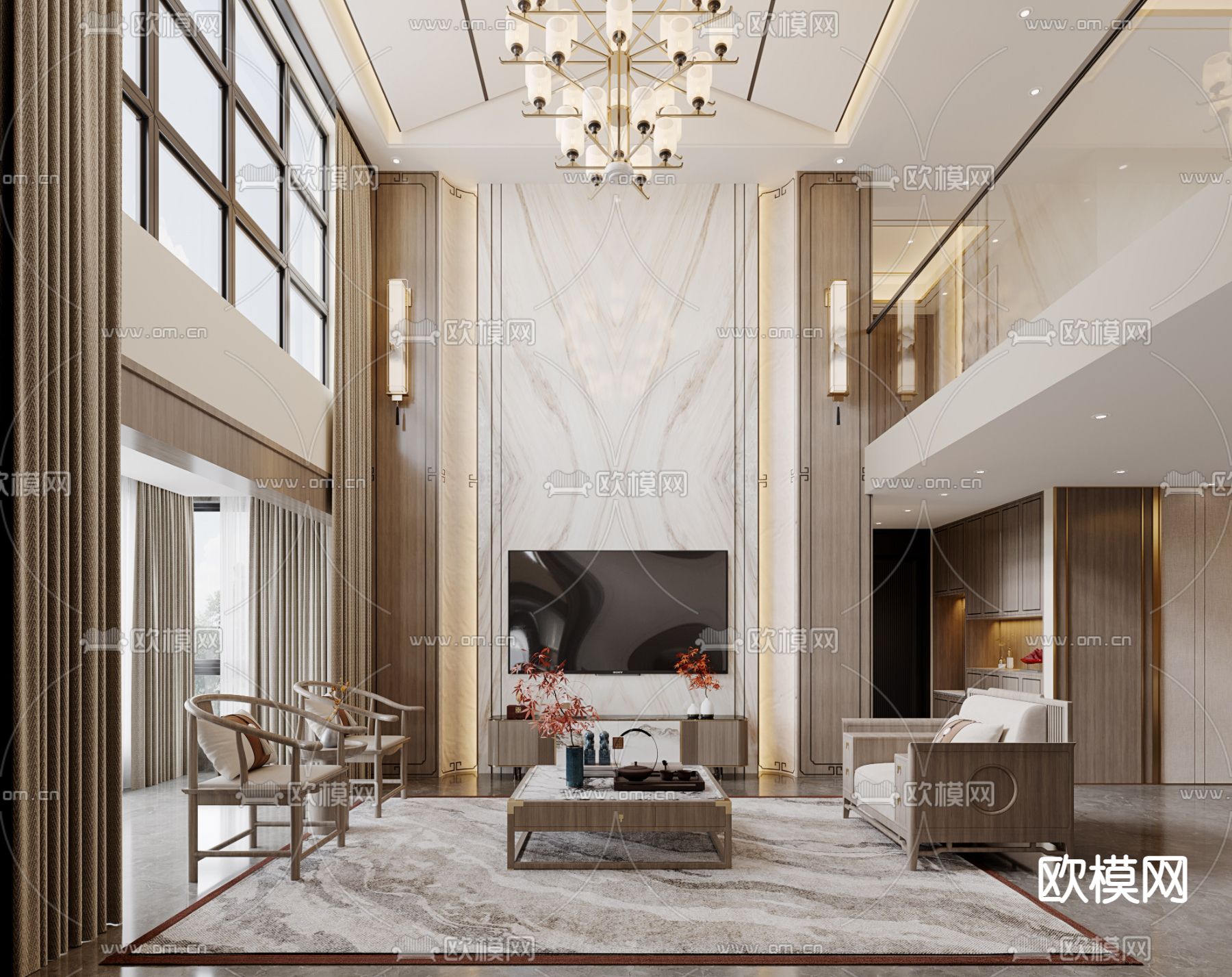 新中式别墅大堂3d模型下载（渲染图2）