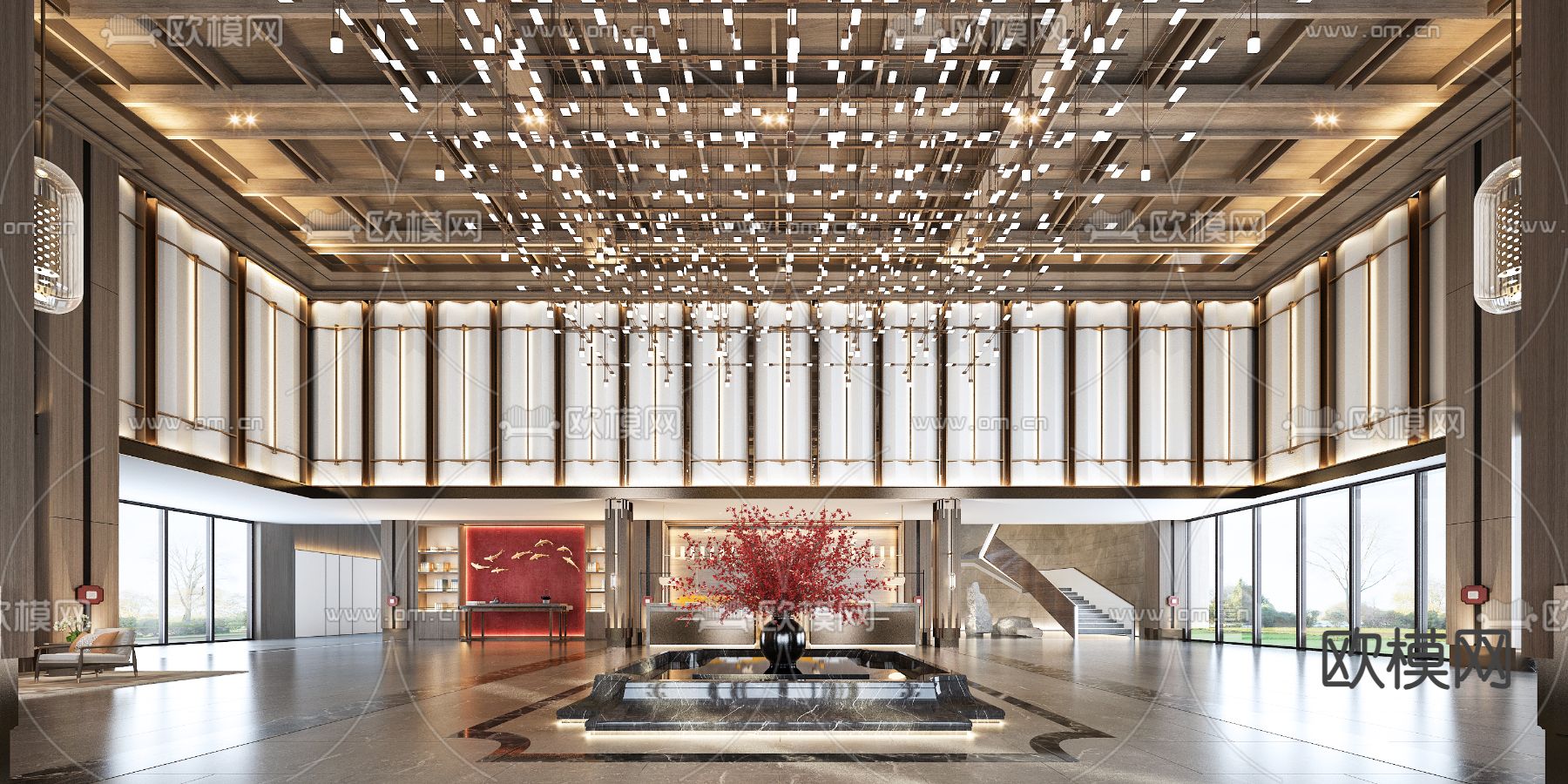 新中式酒店大堂3d模型下载（渲染图1）