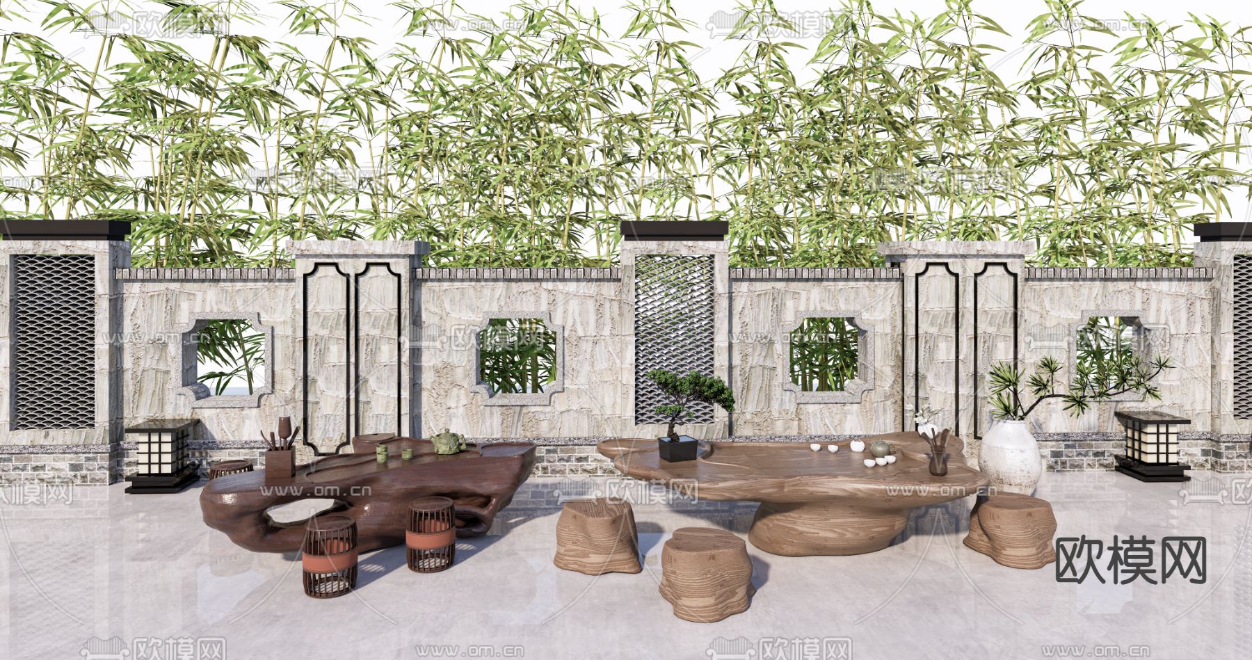 中式根雕茶台su模型下载（渲染图1）