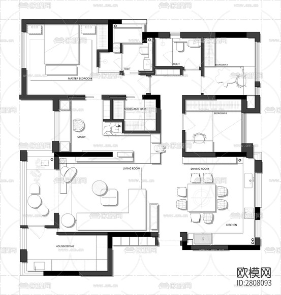 大平層CAD施工圖下載(渲染圖2)