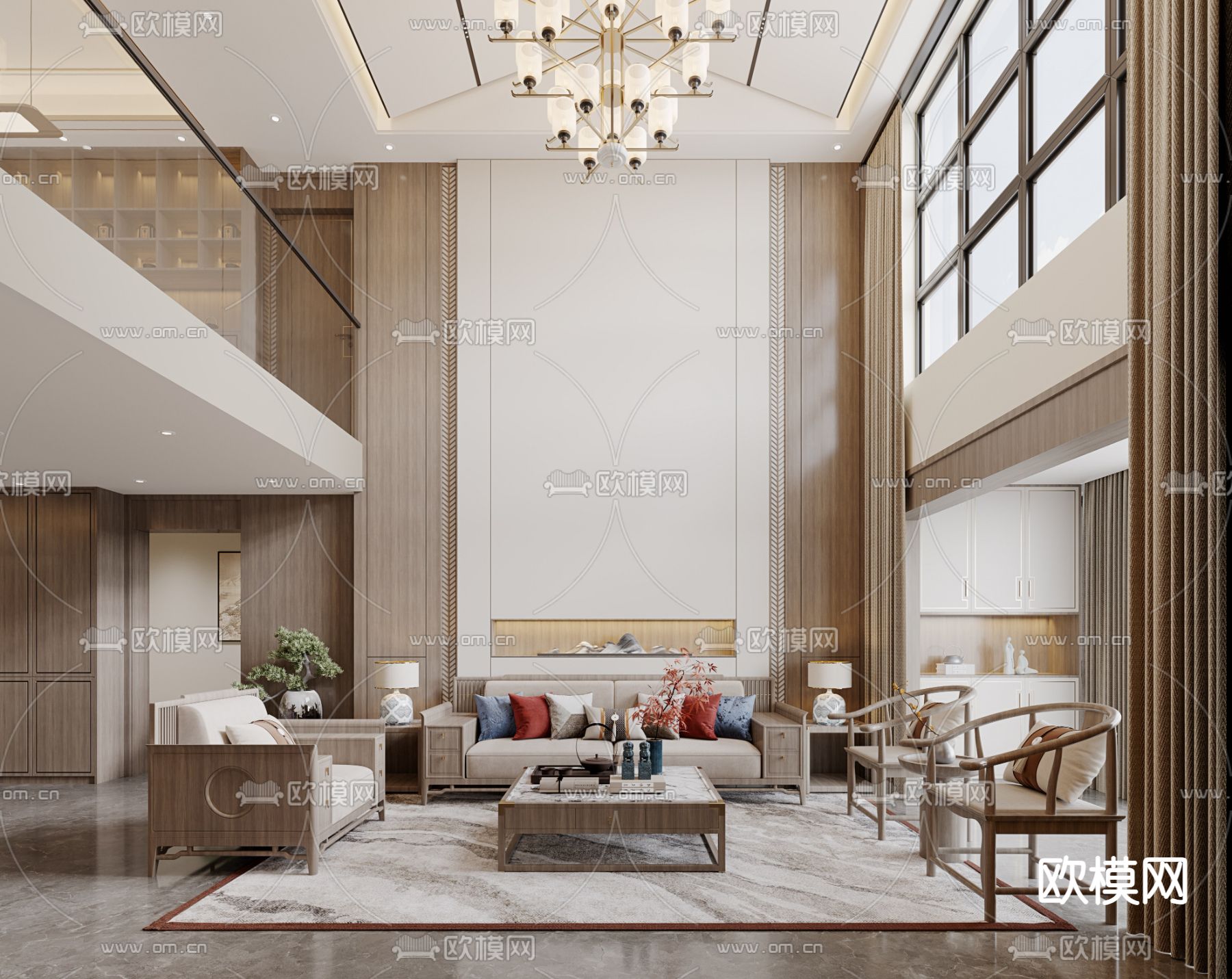 新中式别墅大堂3d模型下载（渲染图1）