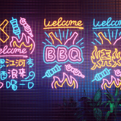  烧烤店霓虹灯 装饰灯su模型 