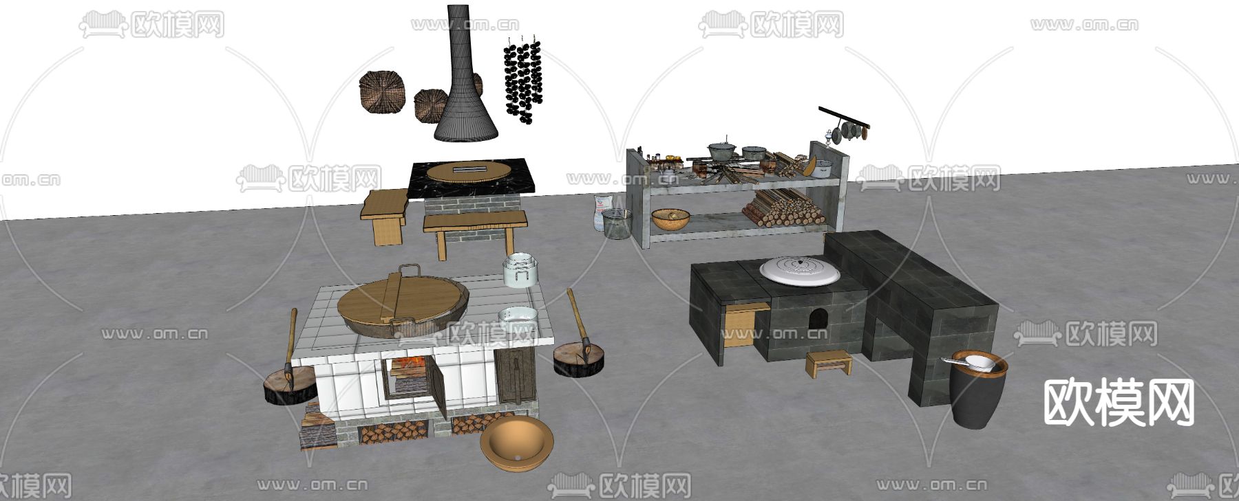 中式乡村 土灶台 柴火灶 农具su模型下载（渲染图2）