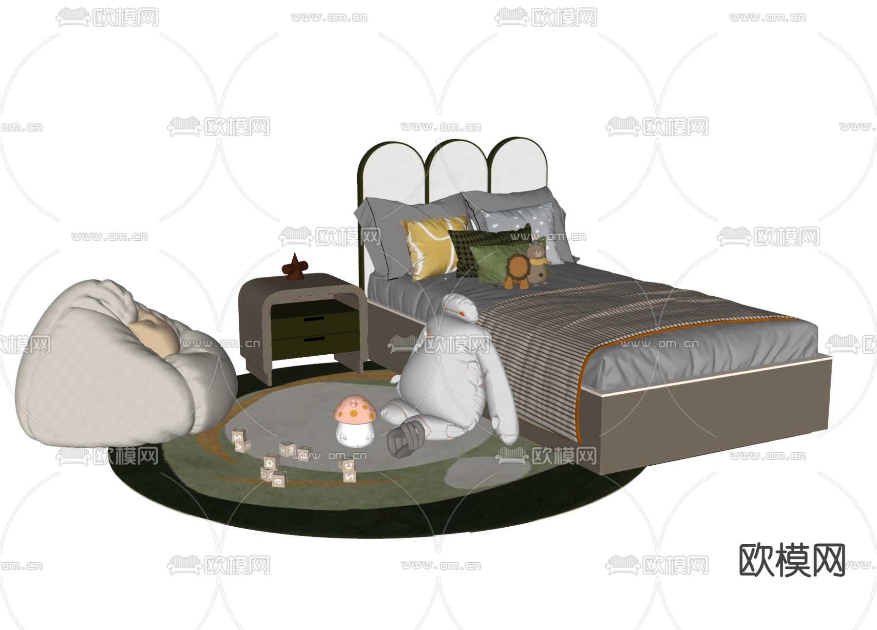 现代儿童床su模型下载（渲染图2）