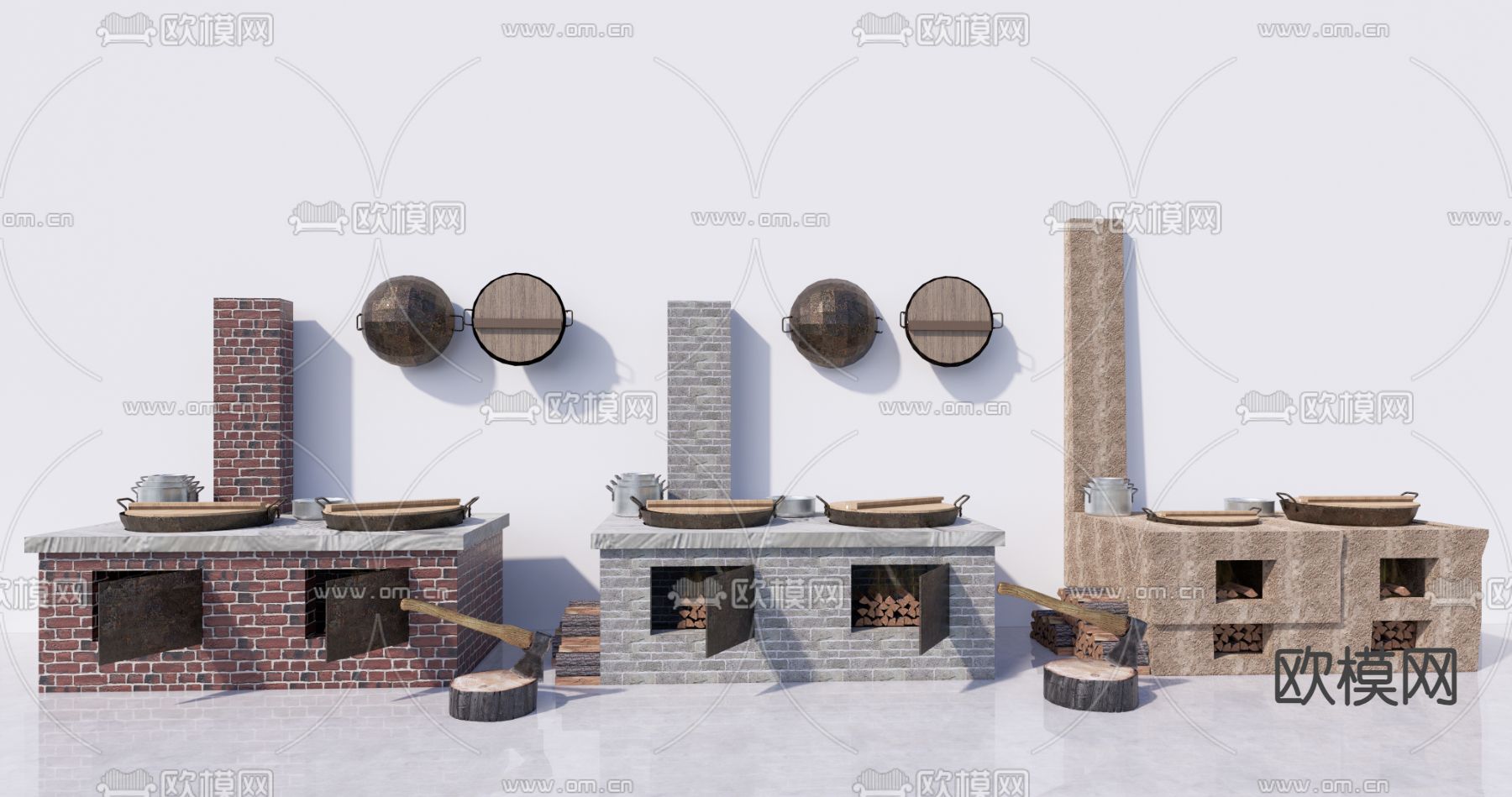 中式土灶台 柴火灶 农具su模型下载（渲染图1）