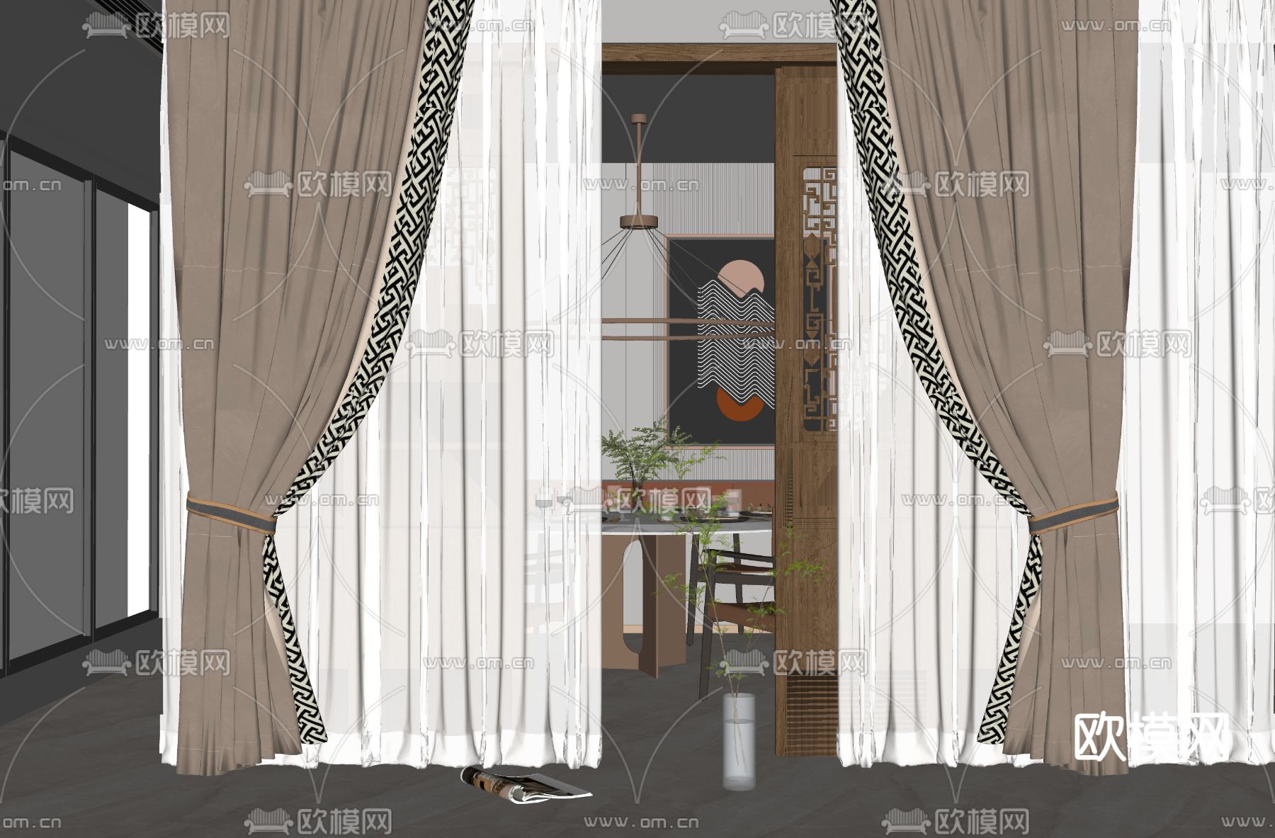 新中式窗帘su模型下载（渲染图2）