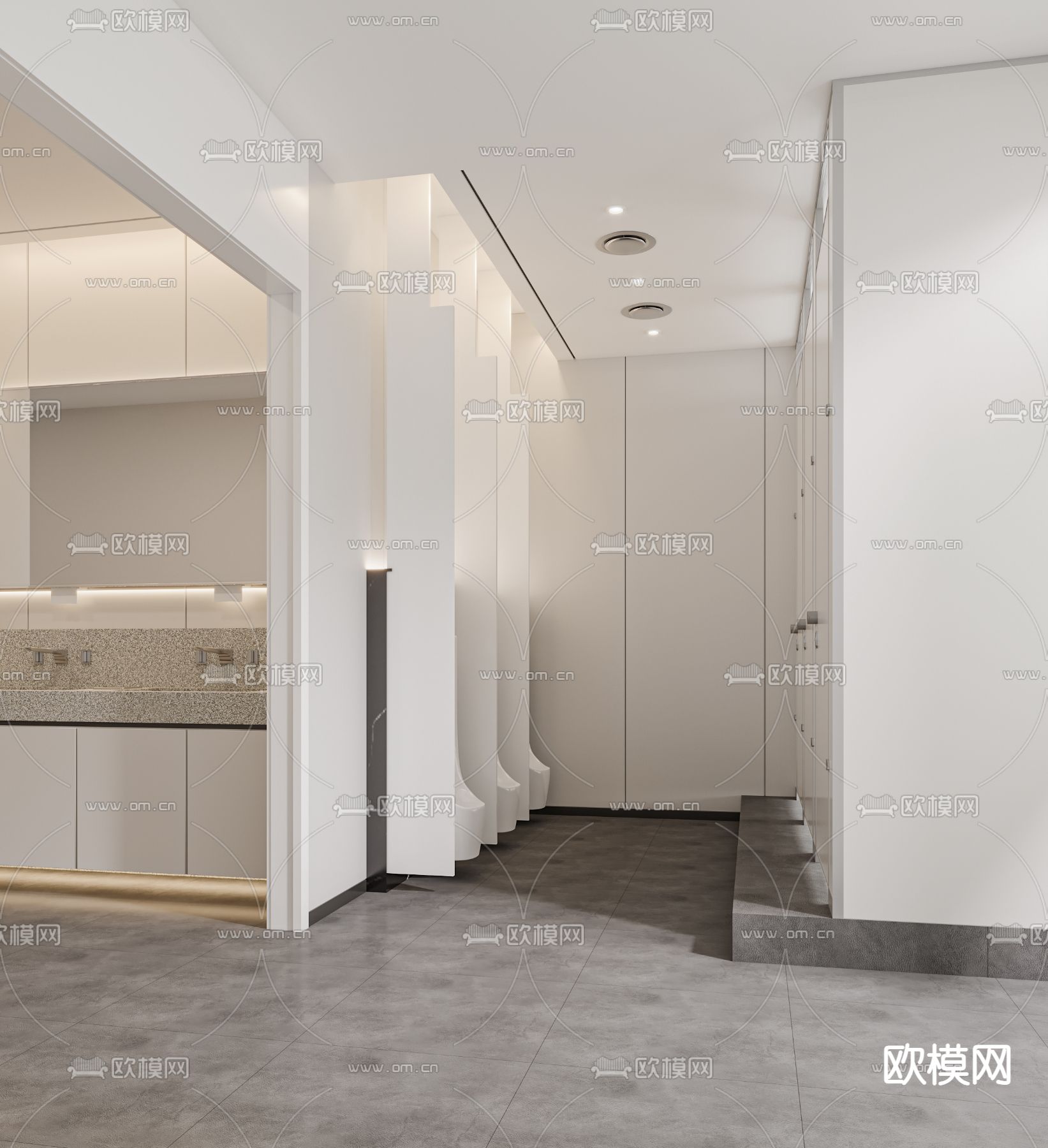 公共卫生间 男厕免费3d模型下载（渲染图1）