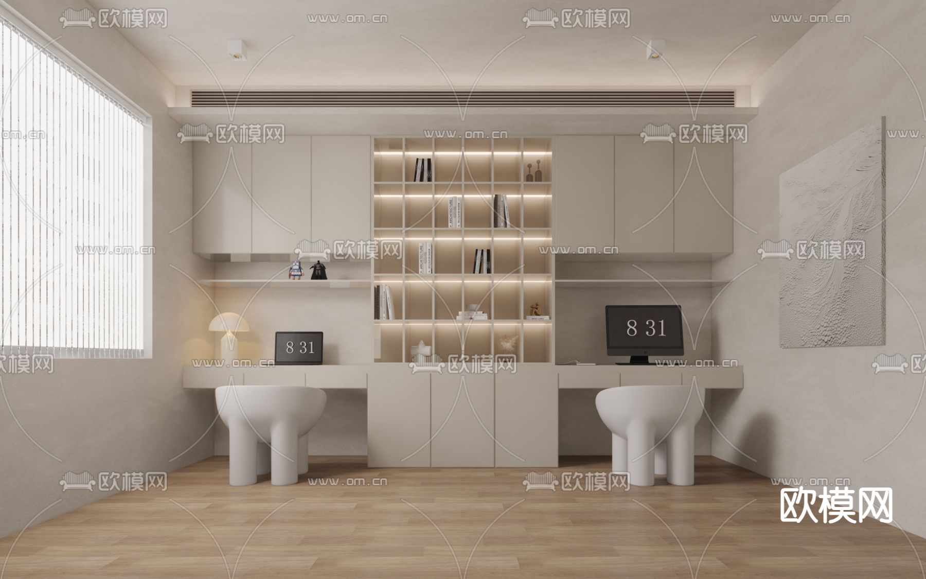 奶油风书房免费3d模型下载