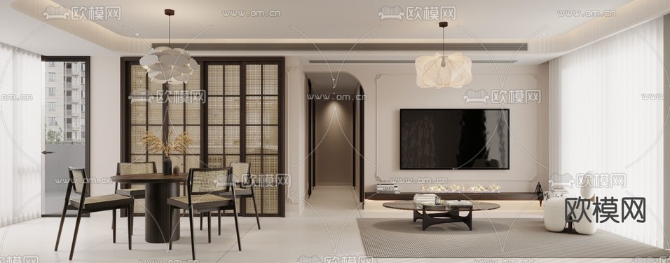 法式客厅 餐厅3d模型下载(渲染图2)