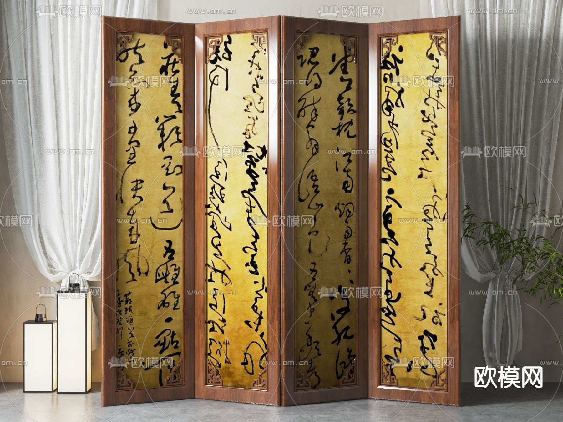 新中式隔断 字画屏风3d模型下载