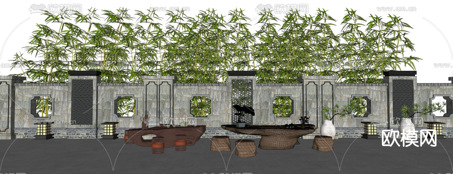 中式根雕茶台su模型下载（渲染图2）