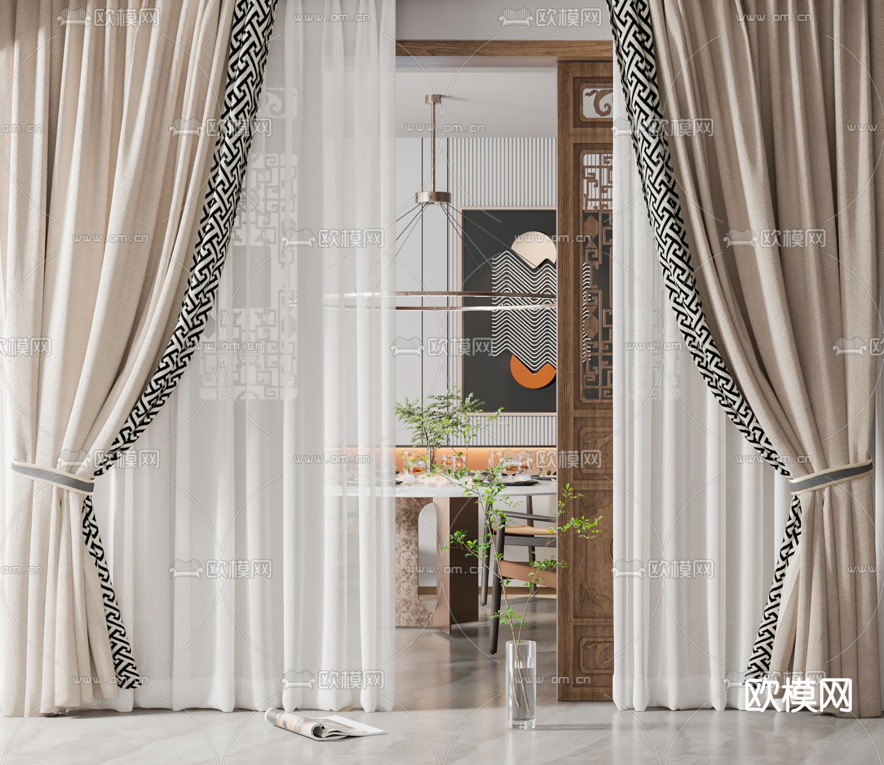 新中式窗帘su模型下载（渲染图1）