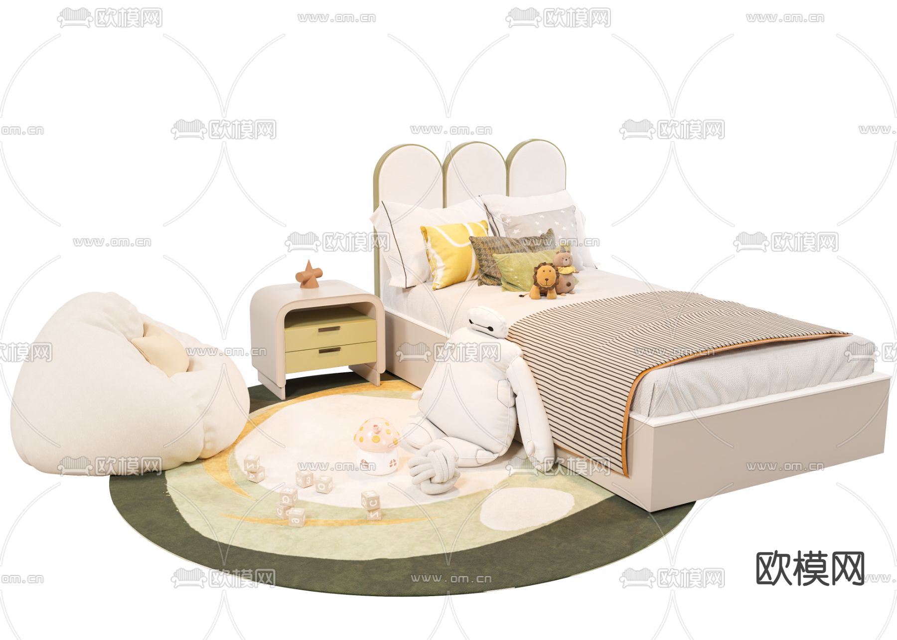 现代儿童床su模型下载（渲染图1）