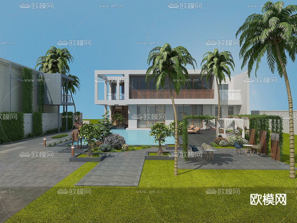别墅庭院 花园 泳池3d模型下载_ID14240603_3dmax免费模型-欧模网