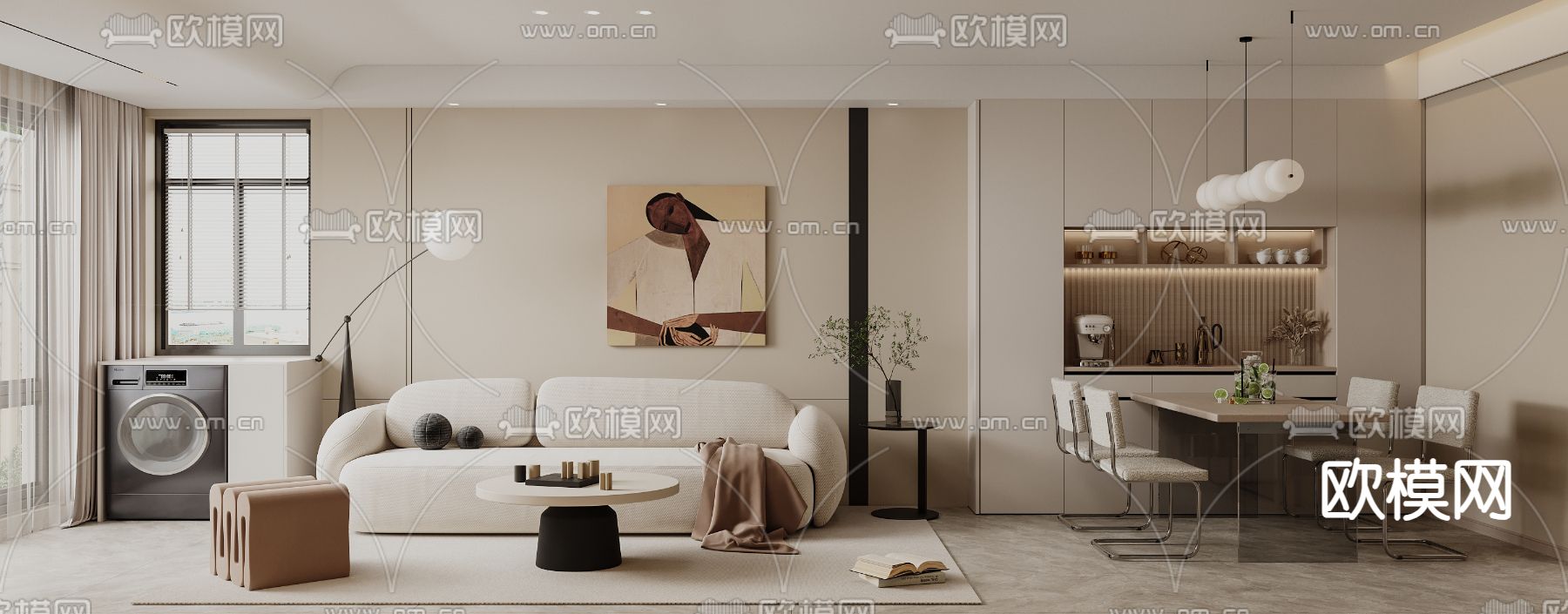 现代客厅 餐厅3d模型下载（渲染图1）