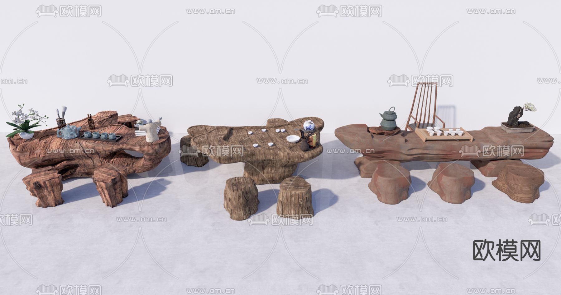 中式根雕茶台 桌椅su模型下载（渲染图1）