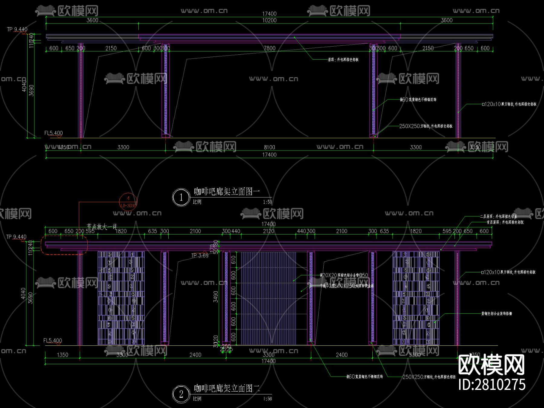 新中式廊架及水景做法详图cad大样图下载（渲染图1）