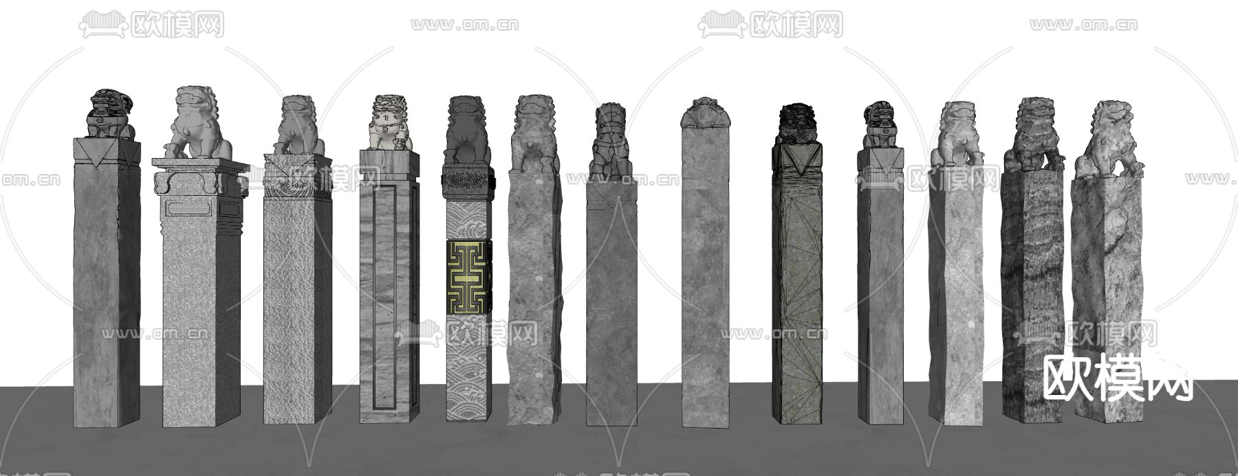 新中式石柱 拴马柱su模型