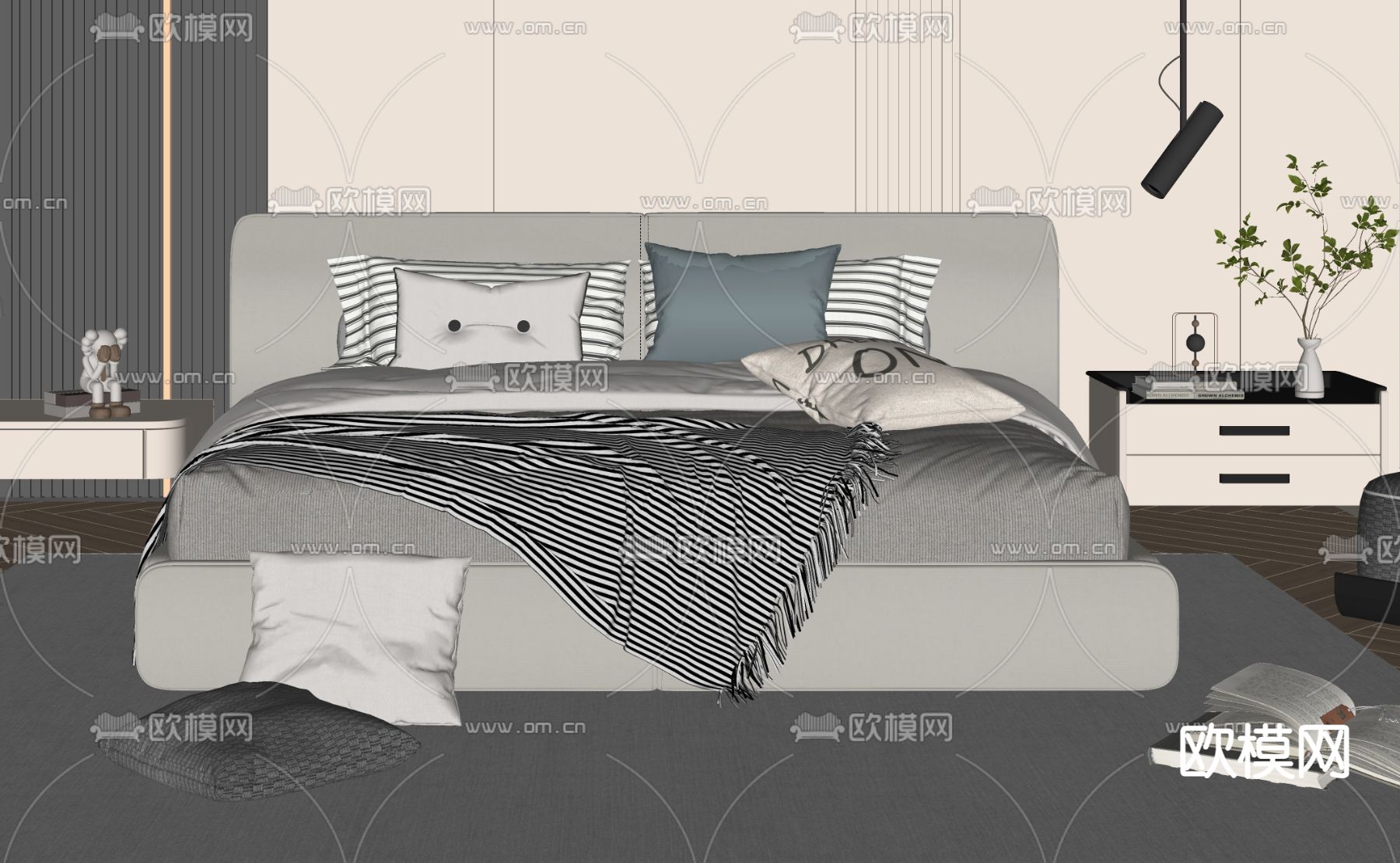 现代双人床su模型下载（渲染图2）