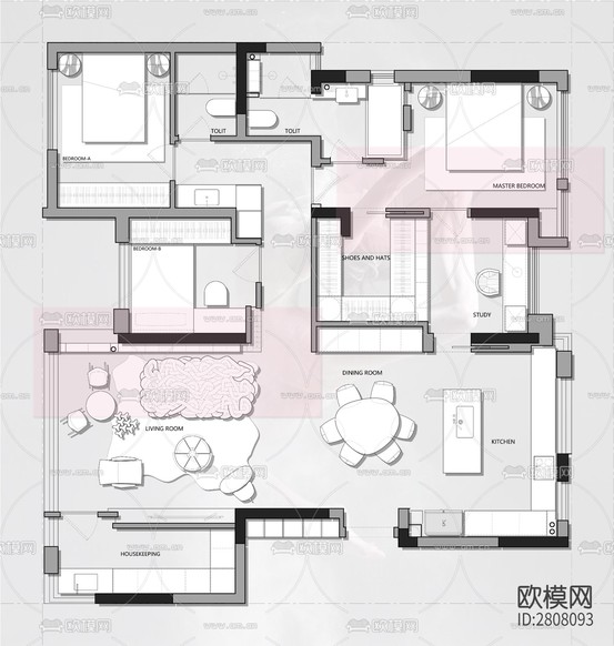 大平層CAD施工圖下載(渲染圖4)