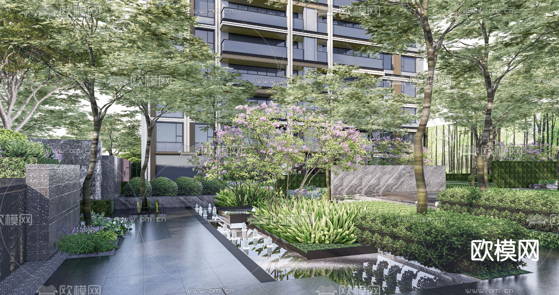 现代住宅小区 宅间景观su模型下载（渲染图1）