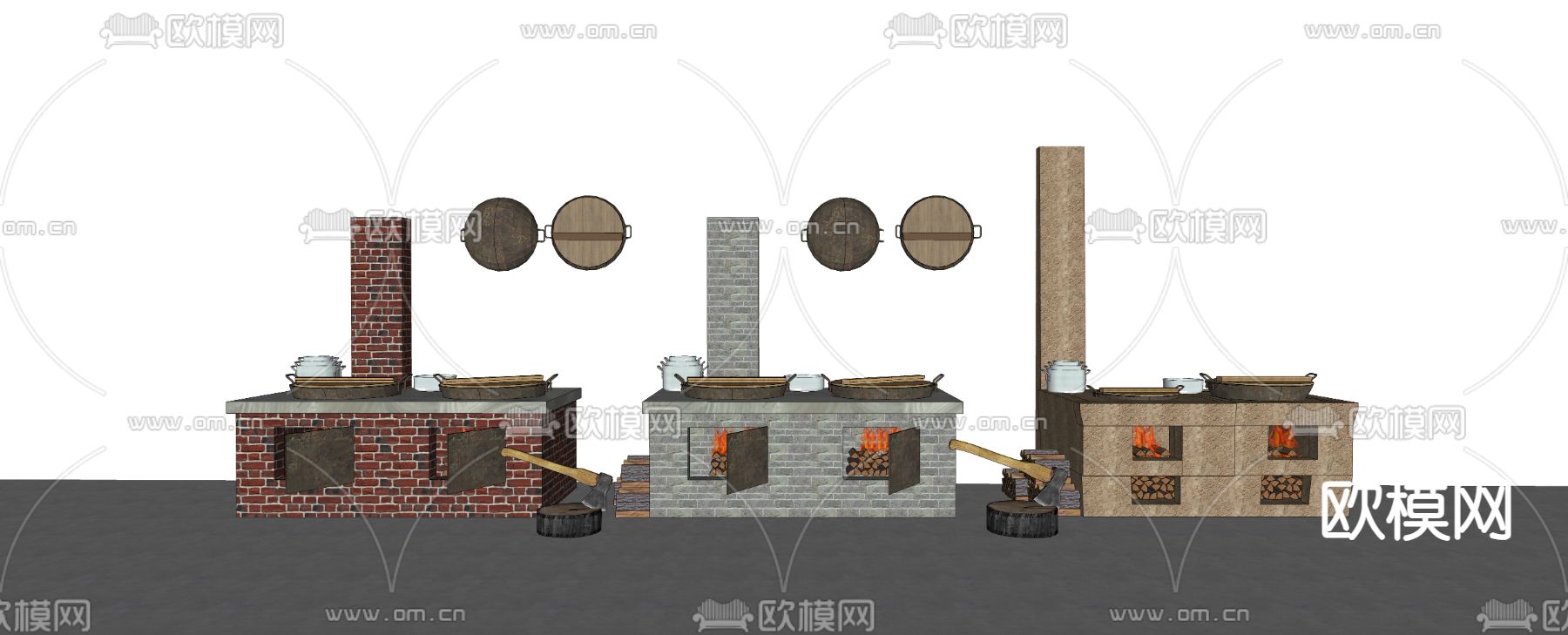 中式土灶台 柴火灶 农具su模型下载（渲染图2）