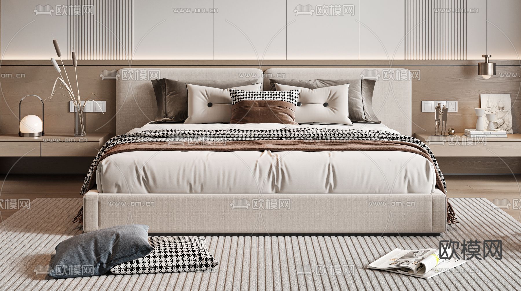 现代双人床su模型下载（渲染图1）