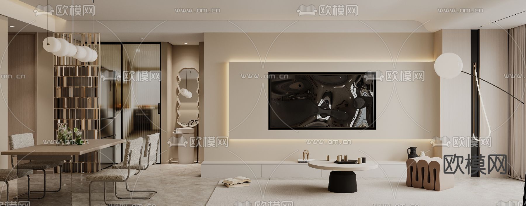 现代客厅 餐厅3d模型下载（渲染图2）